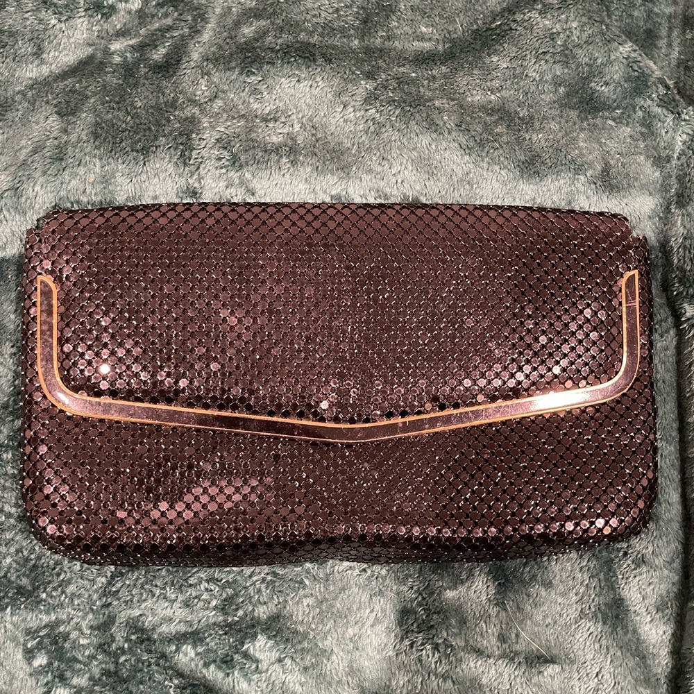 Sophisticated Black Sequin and Gold Metal Trim Textured Clutch